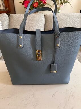 Michael Kors Structured Pebbled Leather Tote in Dusty Blue with Gold Accents